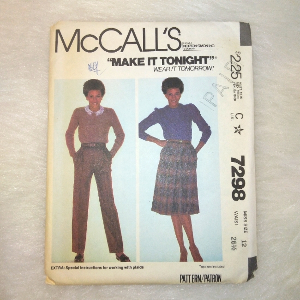 McCall's 7298 EASY Misses Skirt and pants Size 12 vintage